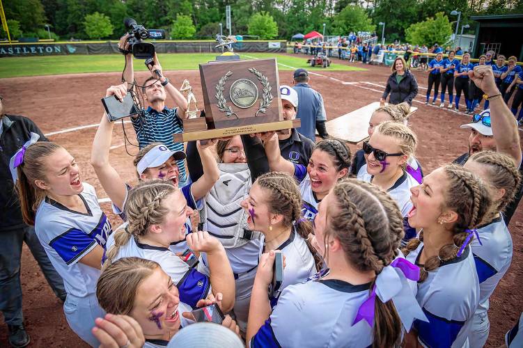The Oxbow Olympians celebrate their victory over Thetford in the Vermont Division III state championship in Castleton, Vt., on Saturday, June 10, 2023. (Glenn Russell photograph)